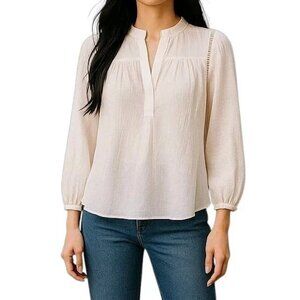 Loft Blouse Size S Ivory Gauze Ruffled Stand Up Collar Cut Outs Long Sleeve New